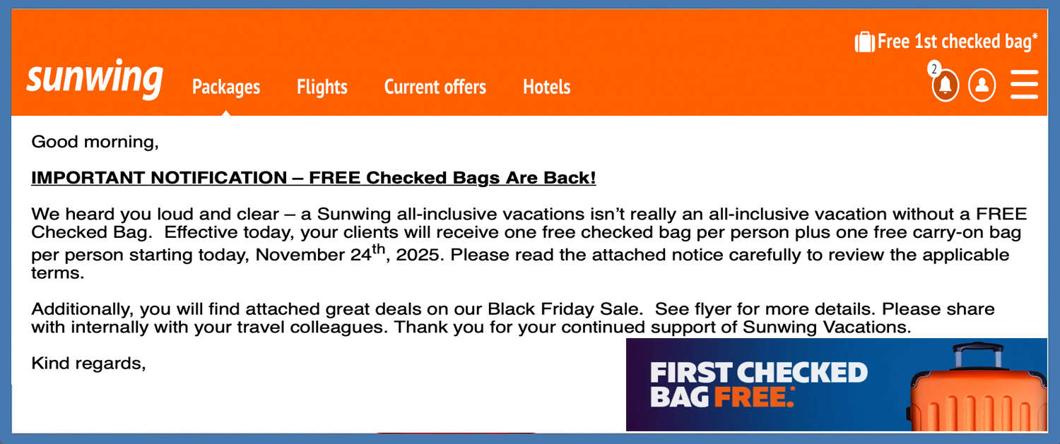 Sunwing Free Checked Luggage