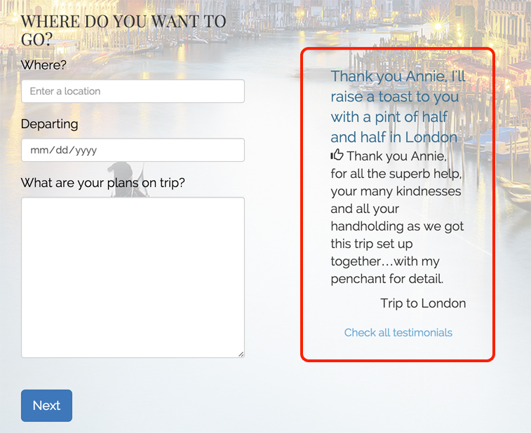 Testimonial on Lead Form Page